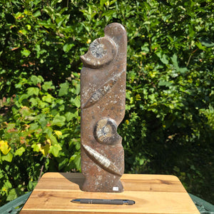 Dekorative handgefertigte Steinskulptur mit Ammoniten und Orthoceren (Fossilien) – 40x10x8cm - Nr. 77 auf Holzuntergrund.