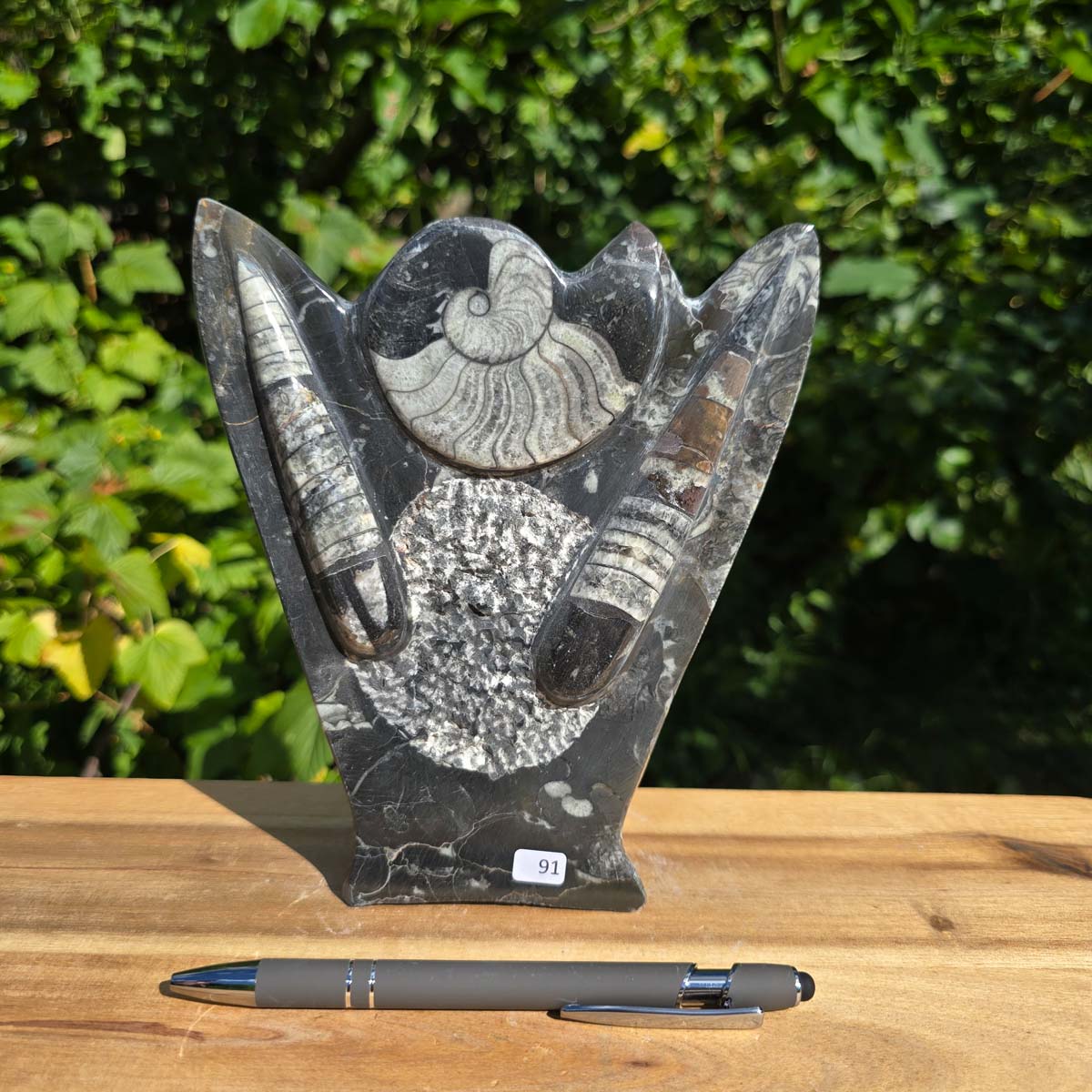 Dekorative handgefertigte Steinskulptur mit Ammoniten und Orthoceren (Fossilien) – 18x16x5cm - Nr. 91 in Hand.