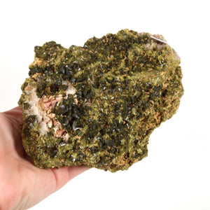 Hand holding a natural Epidot crystal specimen from Morocco, showcasing its unique green crystallized surface, ideal for collectors.