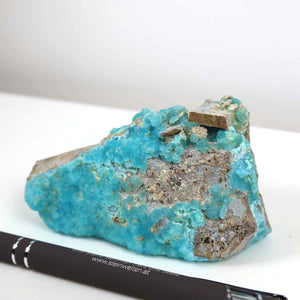 Hemimorphit Rohstein in türkisblauen Farben, 10x5x4 cm, Sammlermineral Unikat mit natürlicher Kristallstruktur, neben Füller, UNIKAT Nr. 5