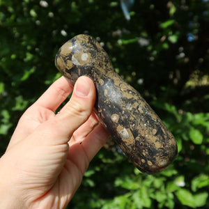 Orthoceras Mörser mit Stößel mittel- cm - Fossilgestein - Nr. 8 in der Hand, einzigartige Fossilienstruktur.