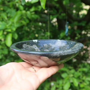 Orthoceras Schale rund klein - Ø 12cm - Fossilgestein - Nr. 1 in Hand gehalten, zeigt Versteinerung und natürliche Muster.