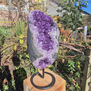 Uruguay Amethyst Drusen Nr. 69 with deep purple crystals on metal stand.