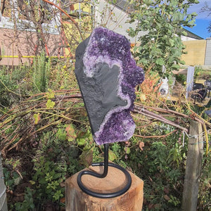 Uruguay Amethyst Drusen sehr intensive, dunkle Farbe! (AA-Qualität) Nr. 49 auf einem Ständer im Freien fotografiert