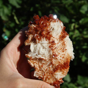 Vanadinit auf Baryt - Natürliche Kristallstufe aus Marokko 10x7x3cm - 0,23kg Nr.73 in der Hand
