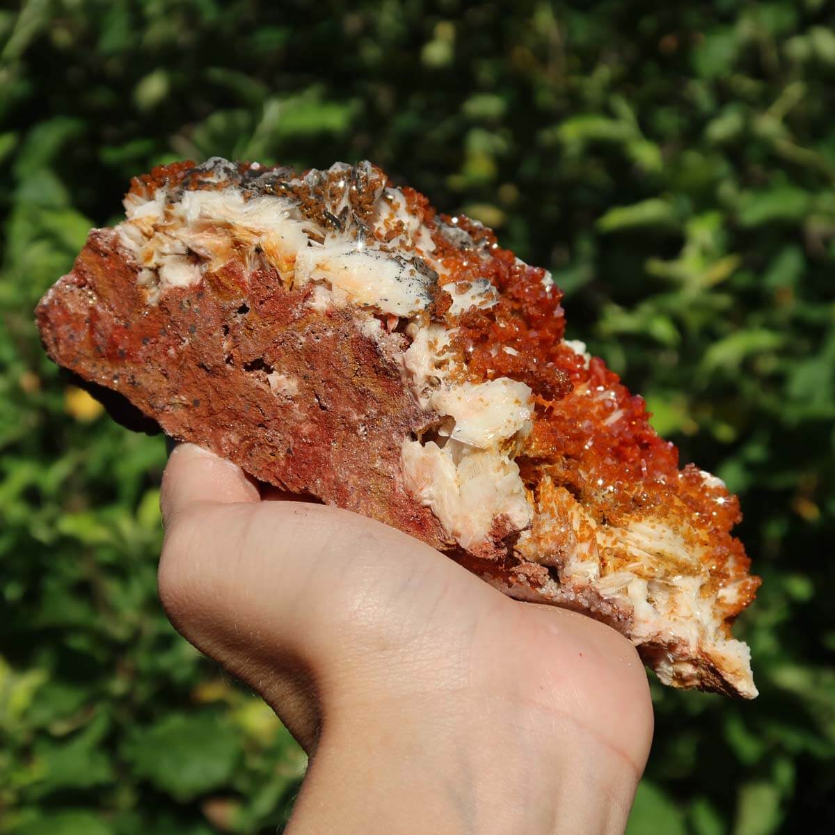 Vanadinit auf Baryt - Natürliche Kristallstufe aus Marokko 15x12x6cm - 0,97kg Nr.86 in Hand