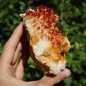 Vanadinit auf Baryt - Natürliche Kristallstufe aus Marokko 9,5x7x5cm - 0,56kg Nr.72 in der Hand gehalten