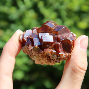 Vanadinit - Natürliche Kristallstufe aus Marokko 5x5x4cm - 0,15kg Nr.4 in der Hand gehalten.