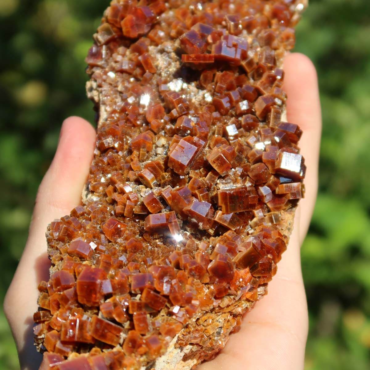 Vanadinit - Natürliche Kristallstufe aus Marokko 17x6x5cm - 0,7kg Nr.94 in Hand gehalten, leuchtend rot-orange Kristalle.