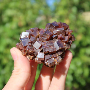 Vanadinit - Natürliche Kristallstufe aus Marokko 6x5x3cm - 0,18kg Nr.33 in Hand gehalten vor grünem Hintergrund.