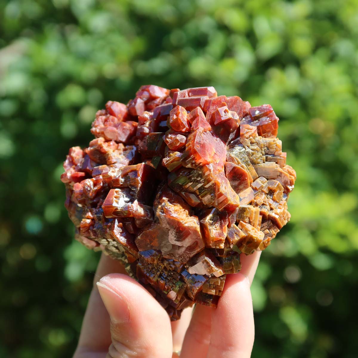 Vanadinit - Natürliche Kristallstufe aus Marokko 7,5x6,5x5cm - 0,48kg Nr.21 in Hand gehalten, leuchtende Kristalle.