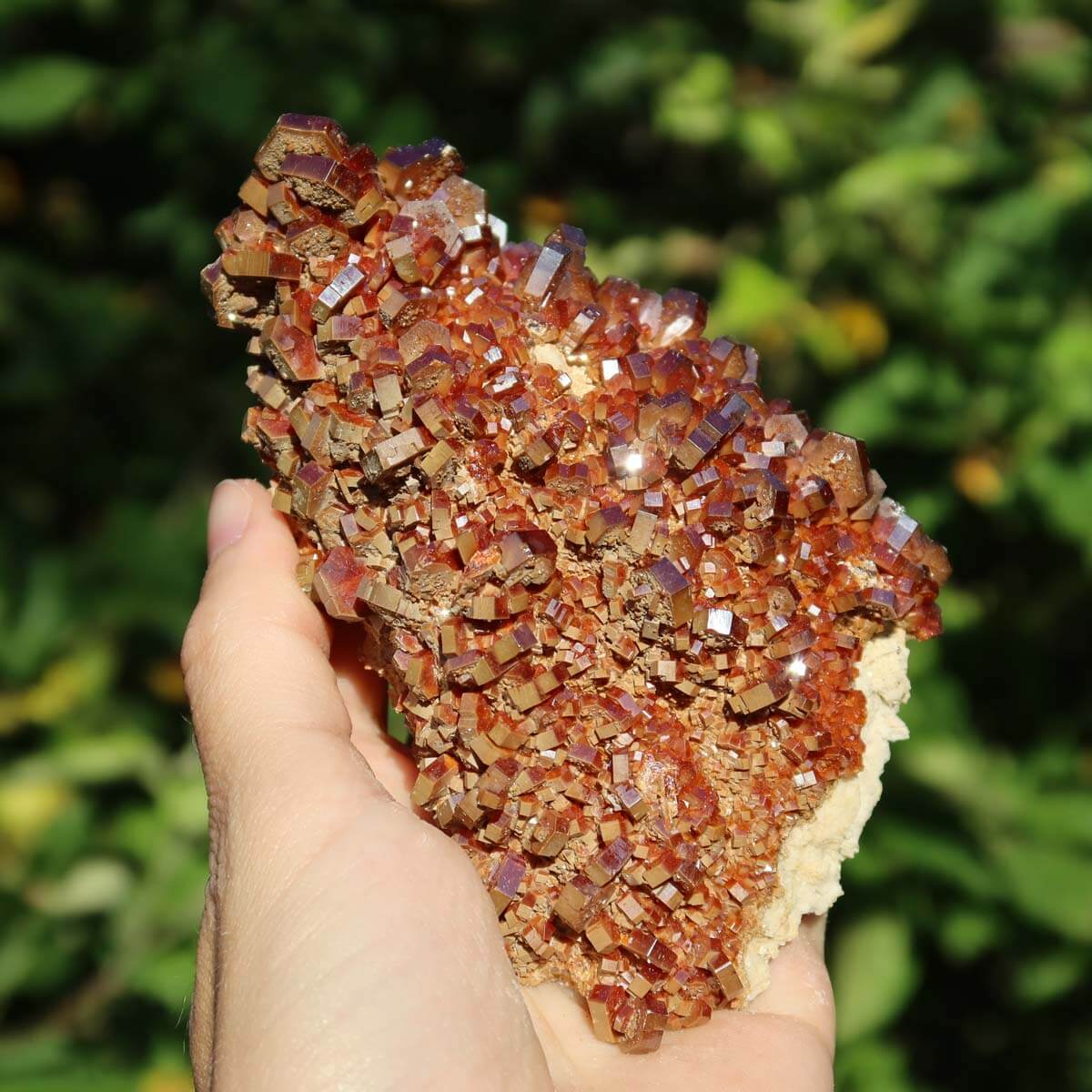 Vanadinit - Natürliche Kristallstufe aus Marokko 11x7x5cm - 0,47kg Nr.99 in einer Hand auf grünem Hintergrund