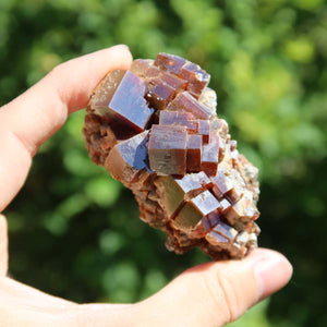 Vanadinit - Natürliche Kristallstufe aus Marokko 6x4x3,5cm - 0,18kg Nr.23 in hand gehalten mit grünem Hintergrund.