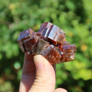 Vanadinit - Natürliche Kristallstufe aus Marokko 5,5x3,5x3cm - 0,14kg Nr.36 in der Hand, vor grünem Hintergrund.