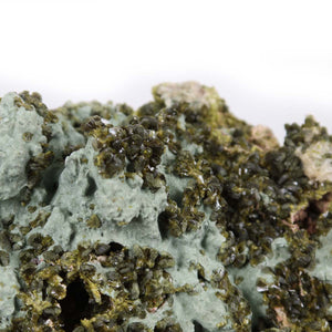 Close-up view of a natural Epidote crystal cluster from Morocco, showcasing unique green crystals and rough texture, popular with collectors.